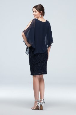 Cold Shoulder Cape and Ruffle Lace Dress Ronni Nicole V212637