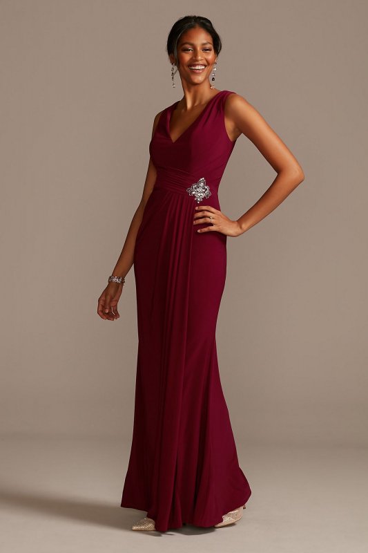 Draped V-Neck Jersey Dress with Crystal Applique David's Bridal WBM19059