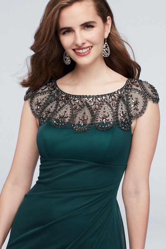 Long Cap Sleeve Party Dress With Beaded Neckline Xscape XS7761