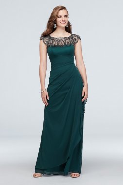 Long Cap Sleeve Party Dress With Beaded Neckline Xscape XS7761