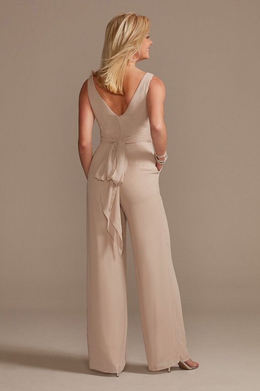 New Style V-Neck Tie Waist Chiffon Bridesmaid Jumpsuit with Pockets