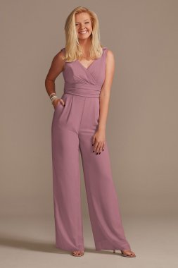 New Coming F20331 V-Neck Tie Waist Chiffon Bridesmaid Jumpsuit with Pockets