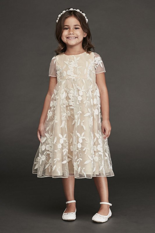 Cap Sleeve Embroidered Tea-Length Flower Girl Gown David's Bridal CR1394