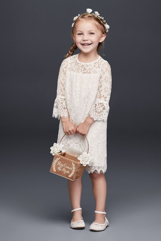 Short Lace Flower Girl Dress with Illusion Sleeves David's Bridal OP239