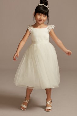 Crochet Cap Sleeve Ruffle Flower Girl Dress David's Bridal OP265