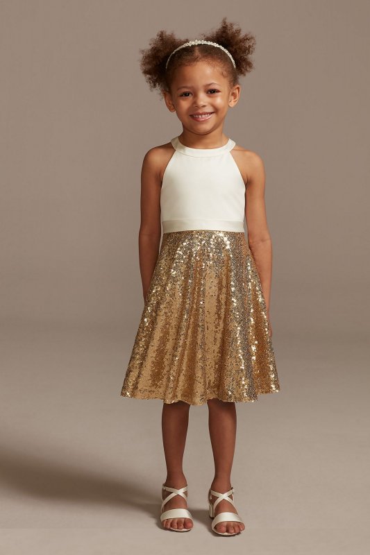 High Neck Sequin Skirt Flower Girl Dress with Bow David's Bridal WG1409