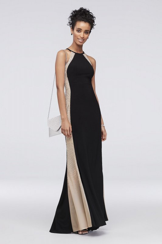 High-Neck Halter Sheath Dress with Illusion Panels Xscape 1088X