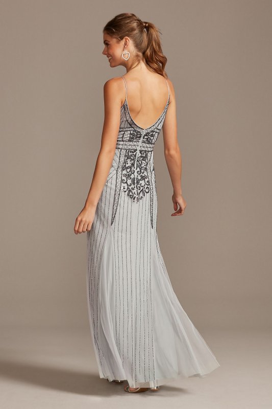 Bead-Embellished Mesh Overlay Spaghetti Strap Gown Jump 11091