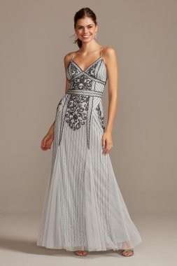 Bead-Embellished Mesh Overlay Spaghetti Strap Gown Jump 11091