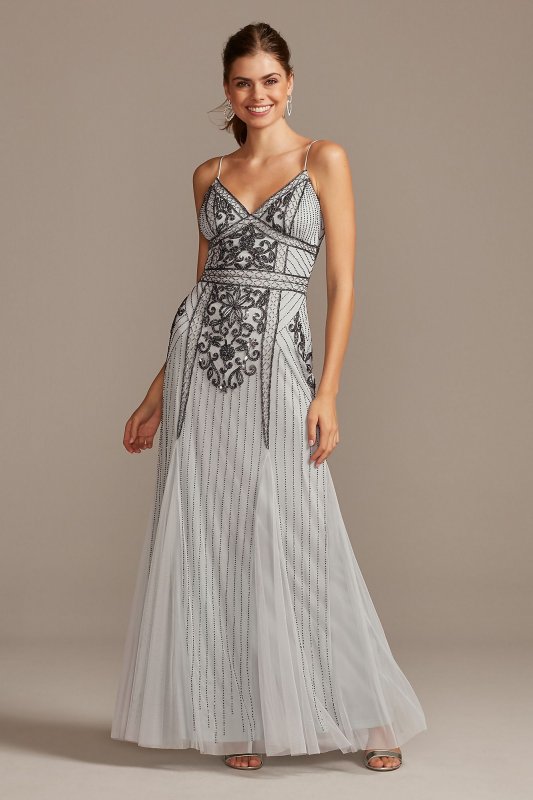 Bead-Embellished Mesh Overlay Spaghetti Strap Gown Jump 11091