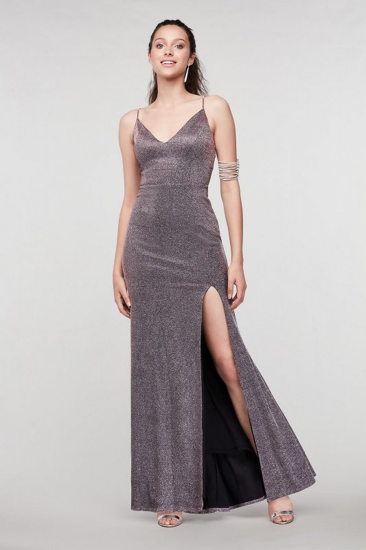 Scoop Back V-Neck Glitter Gown with Front Slit Jump 11322