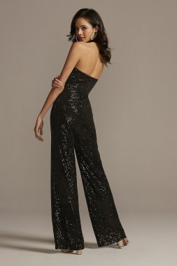 Plunging-V Halter Sequin Jumpsuit Jump 11415