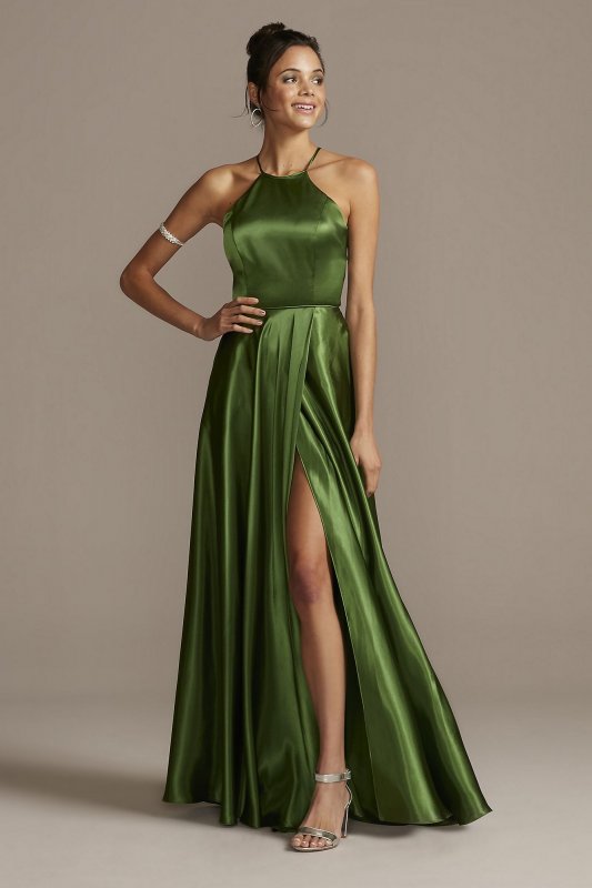 High Neck Satin Slit Gown with Pockets Blondie Nites 1160BN