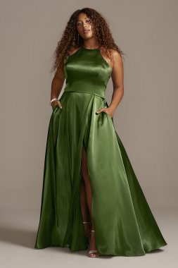 High Neck Satin Slit Plus Size Gown with Pockets Blondie Nites 1160BNW