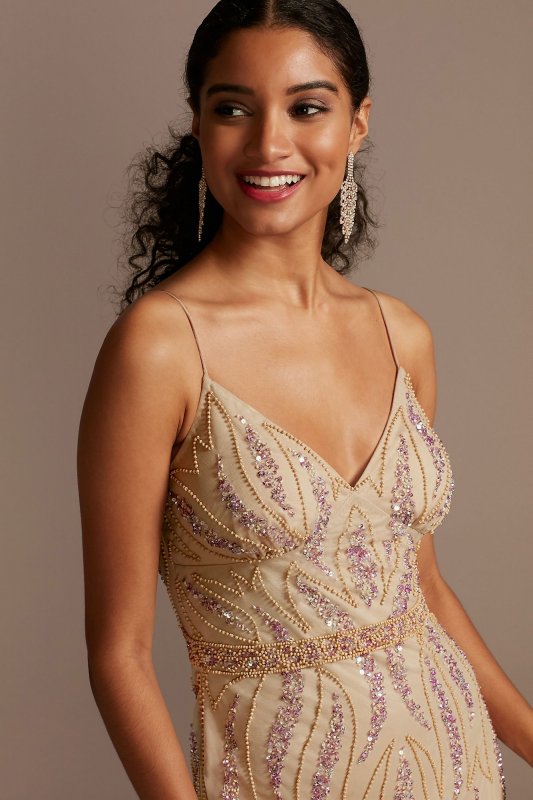 Beaded Overlay V-Neck Gown with Spaghetti Straps Jump 11655