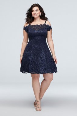 Scalloped Short Off-Shoulder Lace Plus Size Dress Morgan and Co 12395W