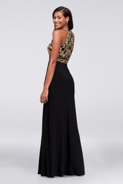 Glitter Lace and Jersey High-Neck A-Line Gown Morgan and Co 12444