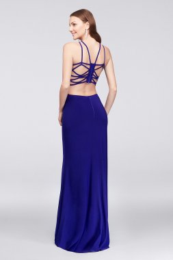 Jersey Gown with Strappy Open Back and High-Neck Morgan and Co 12489