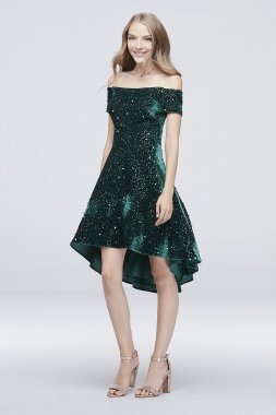 Short Sequin Velvet Off-the-Shoulder Dress Morgan and Co 12549