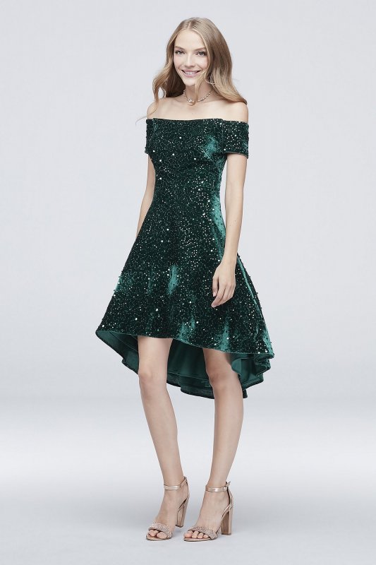 Short Sequin Velvet Off-the-Shoulder Dress Morgan and Co 12549