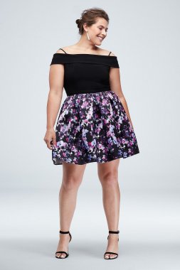 Foldover Off the Shoulder Floral Plus Size Dress Morgan and Co 12700W