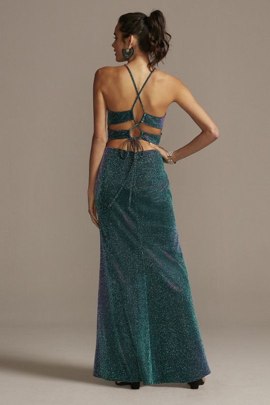 Glittery High Neck Mermaid Gown with Lace-Up Back Morgan and Co 12720