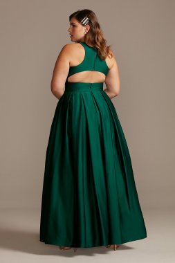 Satin Racerback Plus Size Ball Gown with Cutout Morgan and Co 12772W