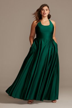 Satin Racerback Plus Size Ball Gown with Cutout Morgan and Co 12772W