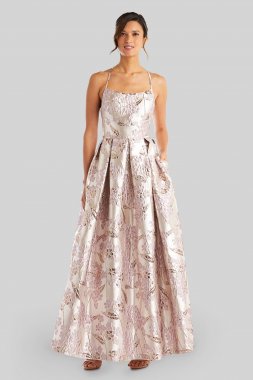 Brocade Cutout Back Spaghetti Strap Ball Gown Morgan and Co 12788