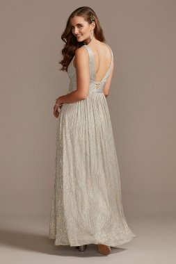 Metallic Foil Plunge Gown with Crystal Waist Bands Morgan and Co 12806