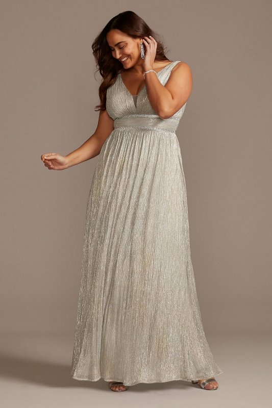 Metallic Plunge Plus Size Gown with Crystal Bands Morgan and Co 12806W