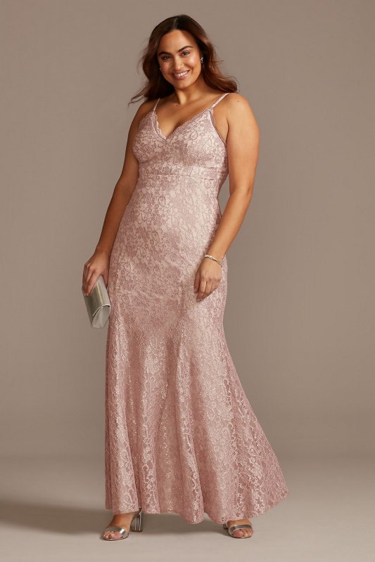 Glitter Lace Spaghetti Strap Plus Size Godet Gown Morgan and Co 12832W