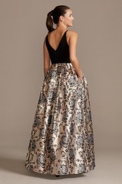 V-Neck Ball Gown with Floral Jacquard Skirt Morgan and Co 12834D