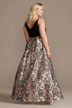 V-Neck Plus Size Gown with Floral Jacquard Skirt Morgan and Co 12834DW