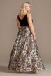 V-Neck Plus Size Gown with Floral Jacquard Skirt Morgan and Co 12834DW