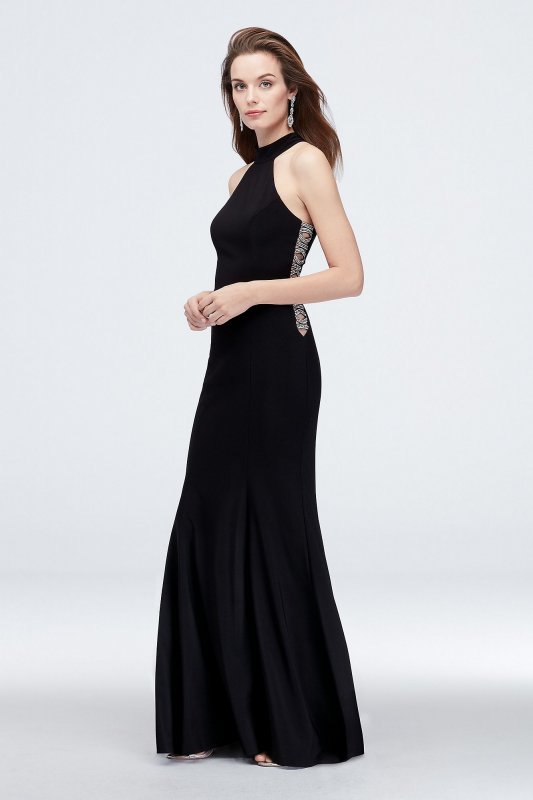 High-Neck Jersey Sheath Dress with Beaded Cutouts Xscape 1554X