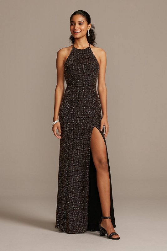 Glitter Knit High Neck Dress with Back Cutout Blondie Nites 1732BN