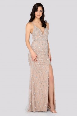 Beaded Plunging V-Neck Sheath Dress with Slit Terani Couture 1911P8112