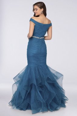 Off-the-Shoulder Glitter Tulle Mermaid Dress Terani Couture 1911P8366