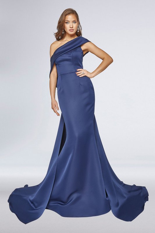 Asymmetrical Off-Shoulder Matte Satin Gown Terani Couture 1921E0098