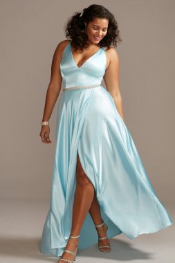 V-Neck Satin Split Skirt Plus Size Gown with Belt Blondie Nites 1990BNW