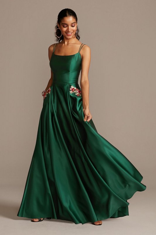 Satin Double Strap Gown with Floral Pockets Blondie Nites 2129BN