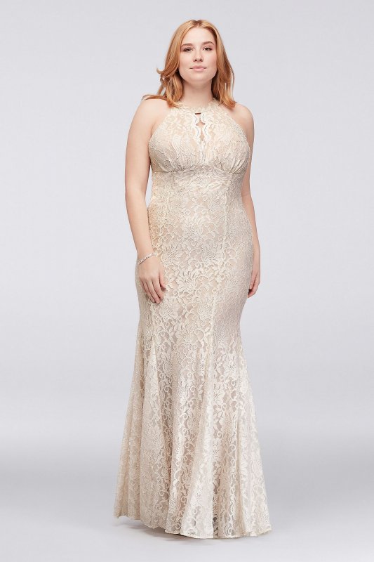 Long Glitter Lace Halter Plus Size Dress Morgan and Co 21416W