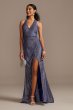 Metallic Glitter Halter Gown with Ruched Slit Blondie Nites 2142BN