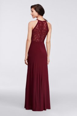 Long Halter Lace Dress with Illusion Cutout Morgan and Co 21434