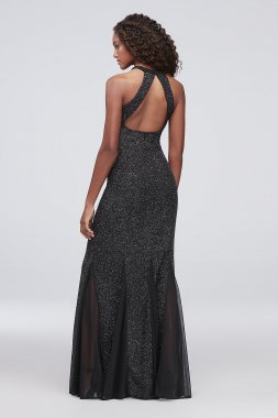 Puckered Glitter Knit Keyhole Mermaid Gown Morgan and Co 21555