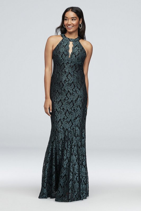 Contrast Lace High-Neck Halter Mermaid Gown Morgan and Co 21689