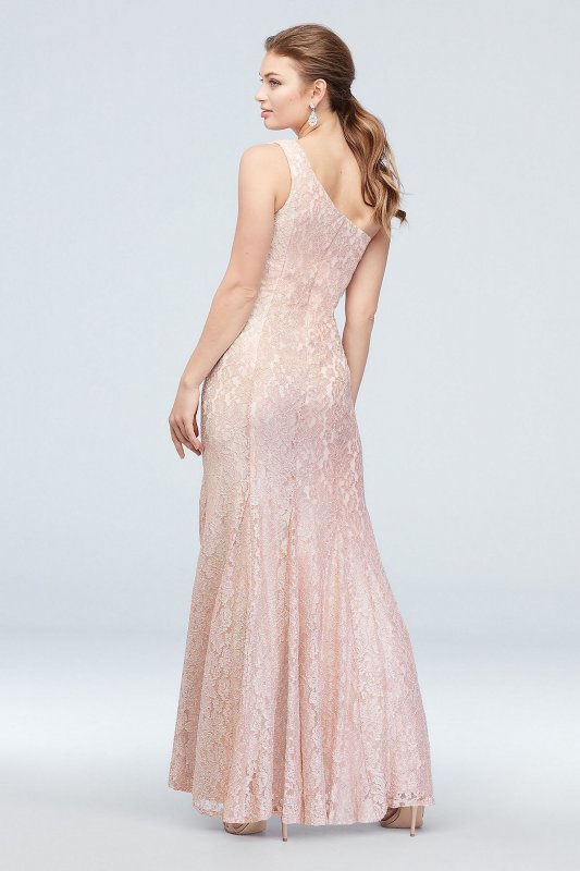 One-Shoulder Glitter Lace Mermaid Gown Morgan and Co 21830