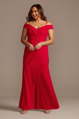 Off Shoulder Fold Seamed Plus Size Gown with Slit Morgan and Co 21927W