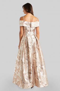 Metallic Off-the-Shoulder Portrait Ball Gown Morgan and Co 21933